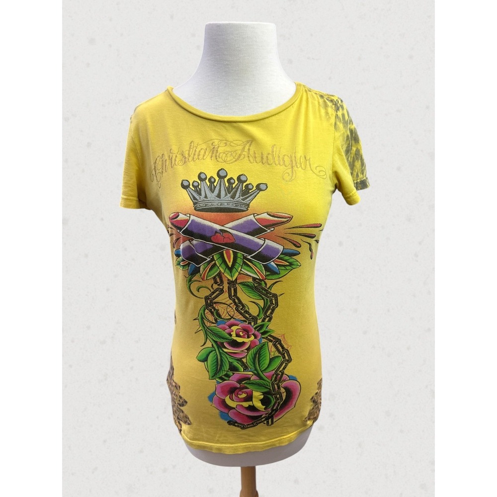 Christian Audigier Y2K Graphic Tee Leopard Crown Wings Yellow Top M Tattoo Art - Picture 2 of 16